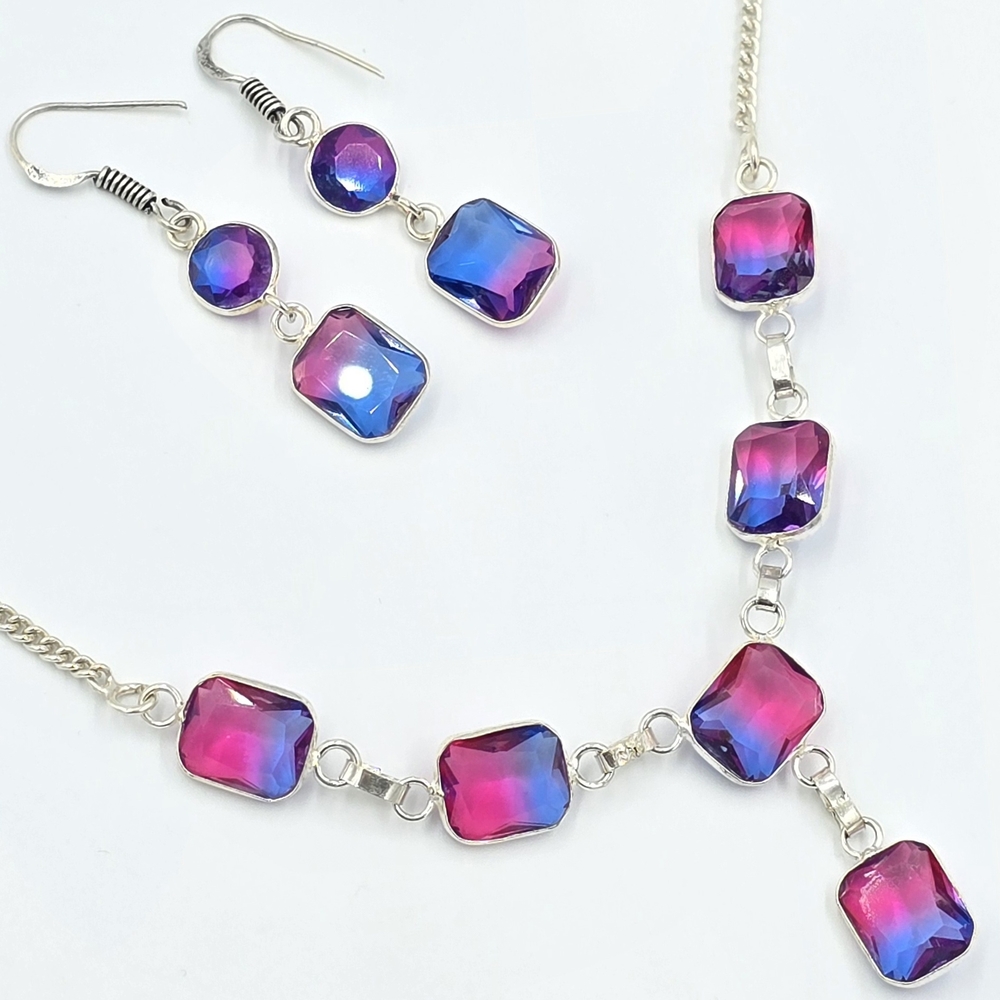 Bi-Color Tourmaline Necklace & Earrings Set Sterling Silver Plated Handcrafted